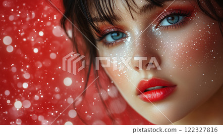 A woman with bright sparkling star makeup, glitter, astrology banner with copy space A woman with bright sparkling star makeup, glitter, astrology banner with copy space 122327816