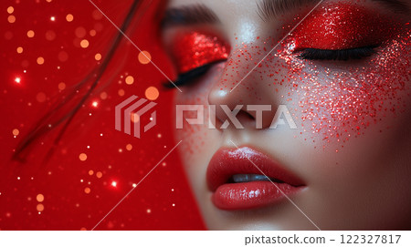 A woman with bright sparkling star makeup, glitter, astrology banner with copy space 122327817