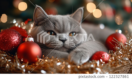 British Shorthair cat in basket with ornaments, banner with copy space, Happy New Year and Merry Christmas British Shorthair cat in basket with ornaments, banner with copy space, Happy New Year and Merry Christmas 122327861