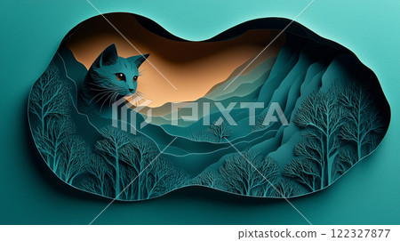 Banner with copy space, paper cut design, cat, kitten 122327877