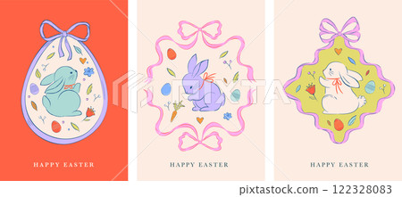 Easter design, hand drawn sweet illustrations of bunnies, eggs, bows, flowers and basket in vintage 122328083