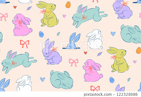 Easter seamless pattern design, Easter background hand drawn sweet illustrations of bunnies, eggs 122328086
