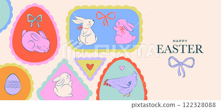 Easter design, hand drawn sweet illustrations of bunnies, eggs, bows, flowers and basket in vintage 122328088