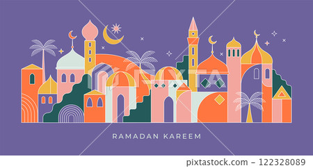 Ramadan Kareem background in flat geometric style. Modern Islamic greeting card template and 122328089