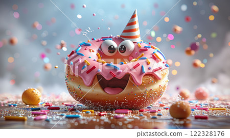 Banner with copy space, donut character mascot, cartoon hero 122328176