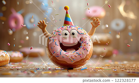 Banner with copy space, donut character mascot, cartoon hero 122328177