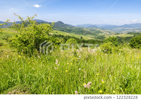 beautiful countryside summer landscape. forest on rolling hill with grassy meadow. village in the valley. blue sky with fluffy clouds. mountain ridge in the distance. sunny weather. scenic view beautiful countryside summer landscape. forest on rolling hill with grassy meadow. village in the valley. blue sky with fluffy clouds. mountain ridge in the distance. sunny weather. scenic view 122328228