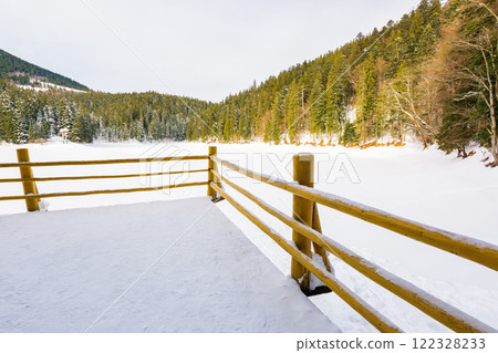 pier on the synevyr lake in winter. sunny weather. spruce forest. landscape of national park in carpathian mountains of ukraine. frozen and snow covered water surface. scenic view 122328233