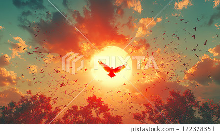 Group of Truly Beautiful Birds Flying Gracefully and Harmoniously in a Vibrant Sunset Sky 122328351