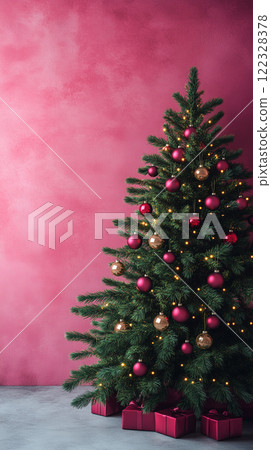 Green Christmas tree on soft pink pastel background, banner with copy space 122328378