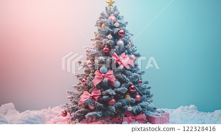 Green Christmas tree on soft pink pastel background, banner with copy space Green Christmas tree on soft pink pastel background, banner with copy space 122328416