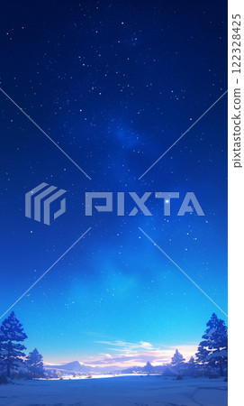 Landscape with pine forest, starry night sky, northern lights, banner copy space, Happy New Year and Merry Christmas 122328425