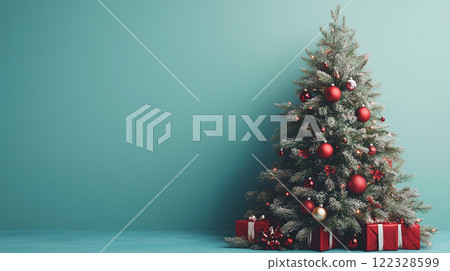 Green Christmas tree on blue background, banner with copy space 122328599