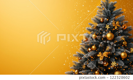 Green Christmas tree on yellow orange background, banner with copy space 122328602