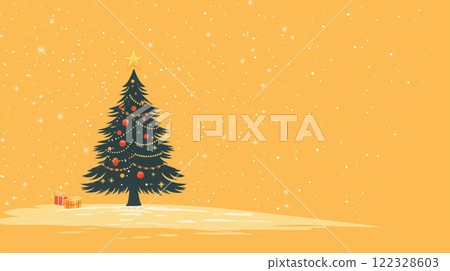 Green Christmas tree on yellow orange background, banner with copy space 122328603