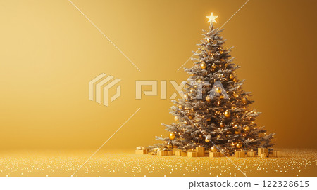 Green Christmas tree on yellow orange background, banner with copy space 122328615