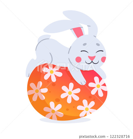Bunny with Easter egg. Cute rabbit hugging painted Easter egg flat vector illustration. Cartoon spring holiday easter bunny Bunny with Easter egg. Cute rabbit hugging painted Easter egg flat vector illustration. Cartoon spring holiday easter bunny 122328716