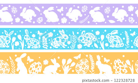 Easter rabbits seamless borders. Cute bunny dividers, Easter eggs and flowers frame borders flat vector illustration set. Little bunny endless designs 122328728