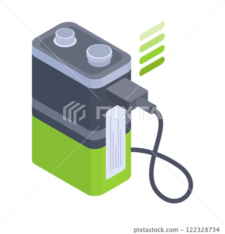 Isometric charger. Battery or accumulator charger with energy power detector, electric charging equipment 3d vector illustration. Electricity charging tool 122328734