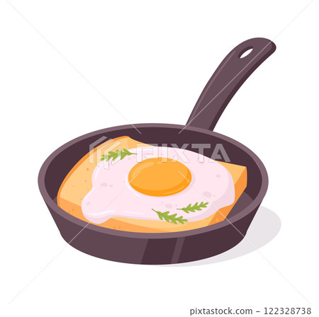 Toast with eggs in pan. Cooked fried eggs with french toast, chicken eggs tasty breakfast flat vector illustration. Cartoon fried eggs dish Toast with eggs in pan. Cooked fried eggs with french toast, chicken eggs tasty breakfast flat vector illustration. Cartoon fried eggs dish 122328738