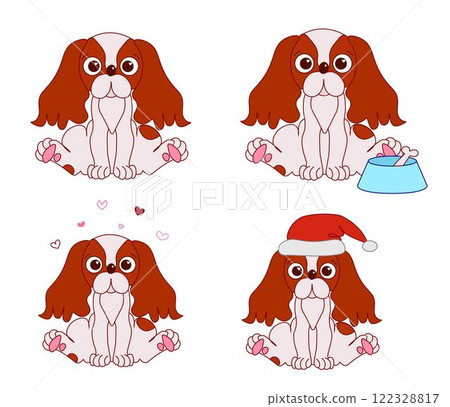 Composition set of Cavalier King Charles Spaniel sitting with santa hat, hearts, bowl and bone. Graphic line vector illustration Composition set of Cavalier King Charles Spaniel sitting with santa hat, hearts, bowl and bone. Graphic line vector illustration 122328817