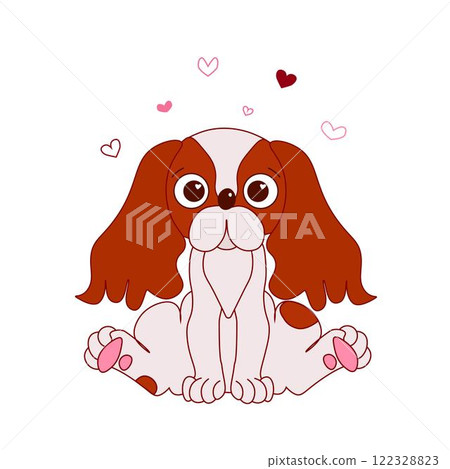 Cavalier king charles spaniel composition with dog and pink hearts Holiday Vector illustration with mixed-breed dog in one color, graphic line art style, white dog icons, wallpaper Cavalier king charles spaniel composition with dog and pink hearts Holiday Vector illustration with mixed-breed dog in one color, graphic line art style, white dog icons, wallpaper 122328823