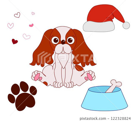 Dog Cavalier king charles spaniel puppy isolated Vector Set. Funny cartoon purebred Puppy graphic line illustrations with accessories in flat style. Dog Cavalier king charles spaniel puppy isolated Vector Set. Funny cartoon purebred Puppy graphic line illustrations with accessories in flat style. 122328824