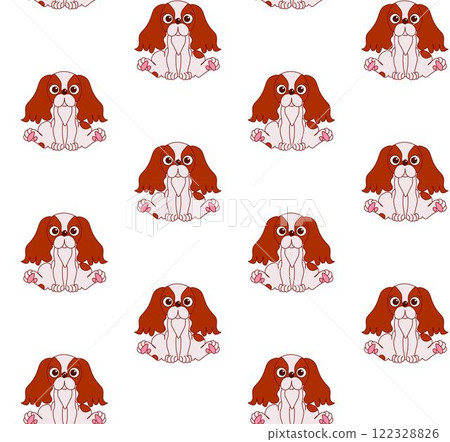 Vector Cavalier king charles spaniel puppy dog seamless pattern. Illustrated funny animal repeated design. Pet background in hand-drawn style. Cute doggy illustration for kids clothes. Vector Cavalier king charles spaniel puppy dog seamless pattern. Illustrated funny animal repeated design. Pet background in hand-drawn style. Cute doggy illustration for kids clothes. 122328826