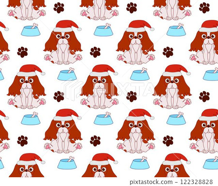 cute graphic line vector dog seamless pattern, Cavalier king charles spaniel in santa hat , dog footstep and bowl with bone background cute graphic line vector dog seamless pattern, Cavalier king charles spaniel in santa hat , dog footstep and bowl with bone background 122328828