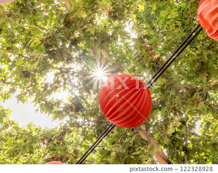 Paper lanterns at the April Fair in Seville, Andalusia, Spain 122328928