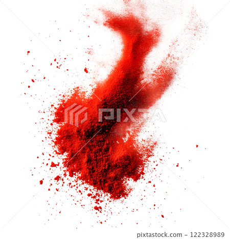 A dynamic splash of vibrant red powder, captured in mid-air with fine particles spreading outward on a transparent background. The texture and movement create an energetic and artistic composition 122328989