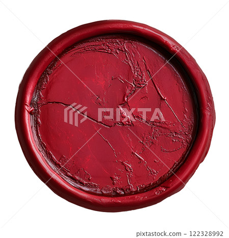 A detailed red wax seal with visible cracks and texture, symbolizing tradition and authenticity on a transparent background. The circular seal design showcases intricate imperfection. 122328992