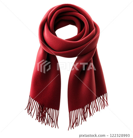 Elegant red scarf with fringes neatly folded and draped, isolated on a transparent background. Close-up of a soft and cozy winter accessory, ideal for seasonal fashion, casual wear, clothing designs 122328993