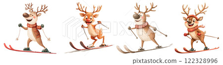 Reindeers skiing on a transparent background. Winter sports, festive reindeers, holiday activities, Christmas fun, seasonal illustrations, winter characters, reindeer design, holiday joy. Reindeers skiing on a transparent background. Winter sports, festive reindeers, holiday activities, Christmas fun, seasonal illustrations, winter characters, reindeer design, holiday joy. 122328996