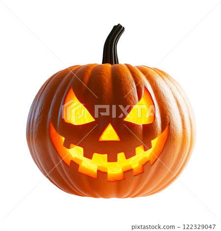 A glowing Halloween pumpkin with a jack-o-lantern design on a transparent background. Featuring a face and a wide, toothy grin. The vibrant orange surface is illuminated from within, casting a warm. 122329047