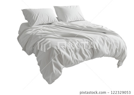 Modern double bed with white bedding and two pillows isolated on a transparent background. Close-up of a neatly arranged bed, ideal for bedroom design, furniture catalogs, or interior decor concepts. 122329053