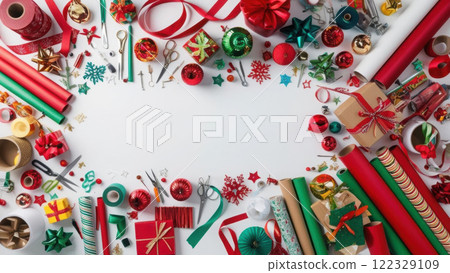 A festive scene featuring pile of gifts wrapped A festive scene featuring pile of gifts wrapped 122329109