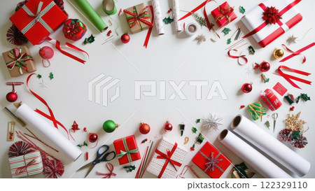 A festive scene featuring pile of gifts wrapped A festive scene featuring pile of gifts wrapped 122329110