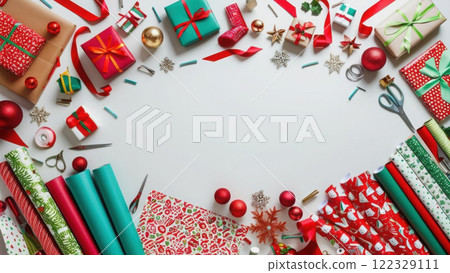 A festive scene featuring pile of gifts wrapped A festive scene featuring pile of gifts wrapped 122329111