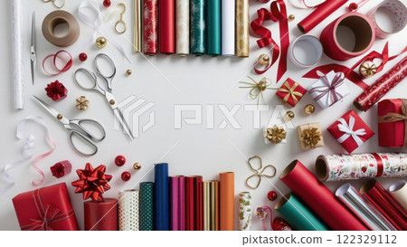 A festive scene featuring pile of gifts wrapped A festive scene featuring pile of gifts wrapped 122329112