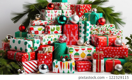 A festive scene featuring pile of gifts wrapped 122329115