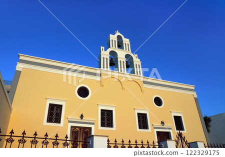 Three bells of Thira.  Greek Catholic Church of the Assumption of the Blessed Virgin Mary. Facade view. Thira, Santorini. 122329175