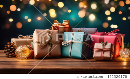 cozy scene of table adorned with colorful handmade festive gifts wrapped in natural materials, creating warm and inviting atmosphere 122329176