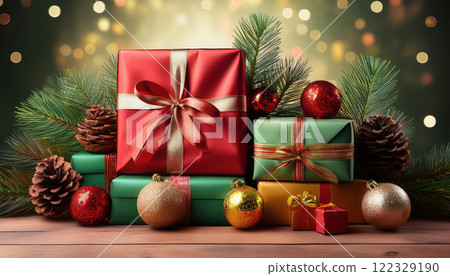 festive scene featuring pile of colorful gifts wrapped in cheerful holiday paper, surrounded by pine branches and ornaments, evoking joyful holiday spirit festive scene featuring pile of colorful gifts wrapped in cheerful holiday paper, surrounded by pine branches and ornaments, evoking joyful holiday spirit 122329190