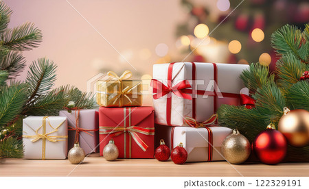 festive scene featuring pile of gifts wrapped in cheerful holiday paper, surrounded by pine branches and ornaments, creating warm and joyful atmosphere 122329191