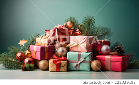 festive scene featuring pile of colorful gifts wrapped in cheerful holiday paper, surrounded by pine branches and ornaments, evoking joyful holiday spirit 122329192