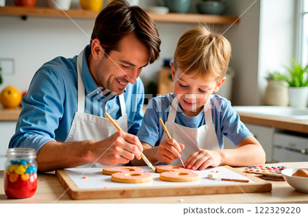 Father and son painting cookies with food coloring, preparing surprise for mom for March 8 122329220