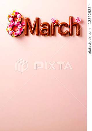 March 8 inscription made of chocolate and pink flowers with space for text. Menu, confectionery, sweets. International Women's Day. Copy space March 8 inscription made of chocolate and pink flowers with space for text. Menu, confectionery, sweets. International Women's Day. Copy space 122329224
