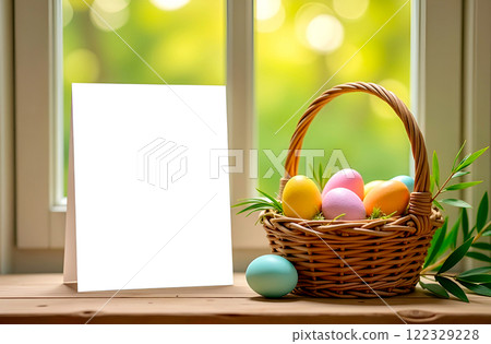 Easter composition with blank paper for text and a basket of dyed eggs by the window with spring greenery behind it. Mockup, layout. Rustic 122329228