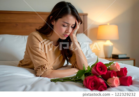 Disappointed woman sitting in bed, she is not happy that she was given only flowers, bouquet of roses lying nearby. Sad holiday Disappointed woman sitting in bed, she is not happy that she was given only flowers, bouquet of roses lying nearby. Sad holiday 122329232